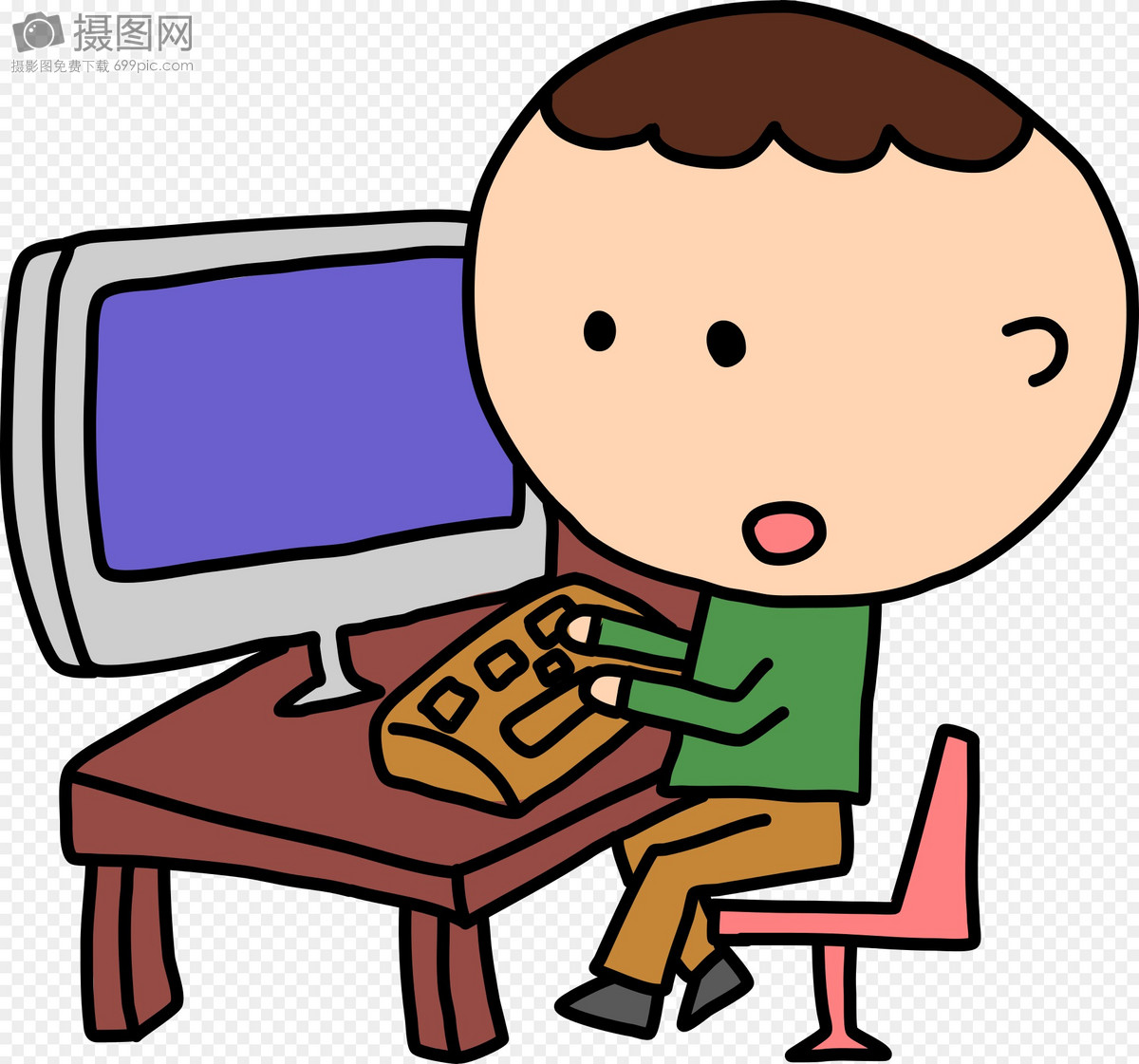 一个三维立体小人坐在电脑前办公透明PNG素材