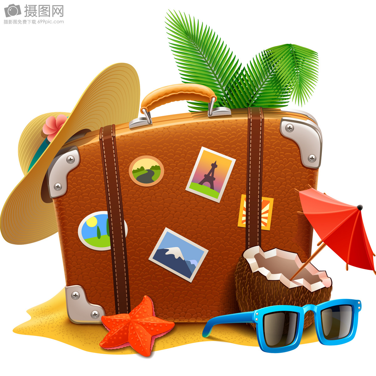 旅游海报手绘卡通行李箱素材
