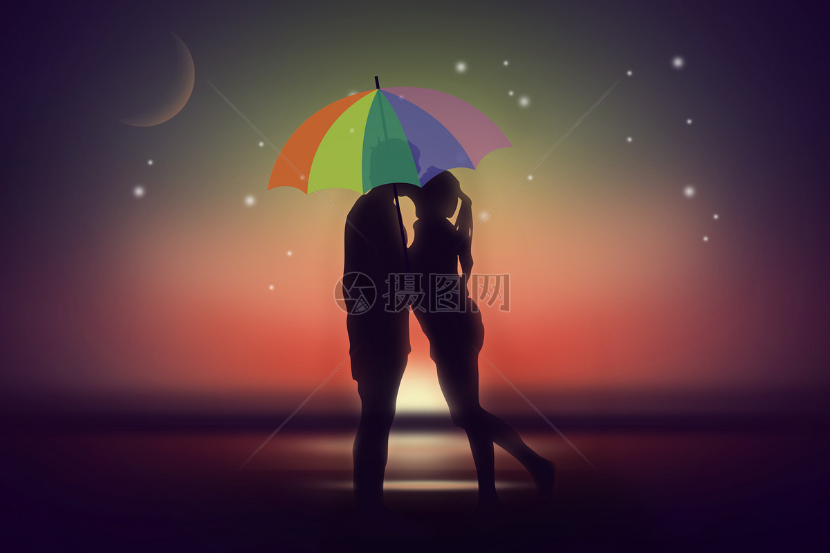 黑夜星光里雨伞下亲吻的情侣