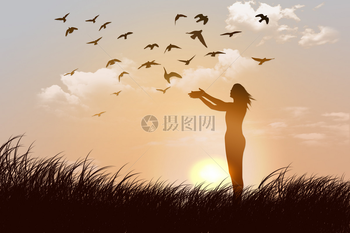夕阳下草地上放飞鸽子的女人