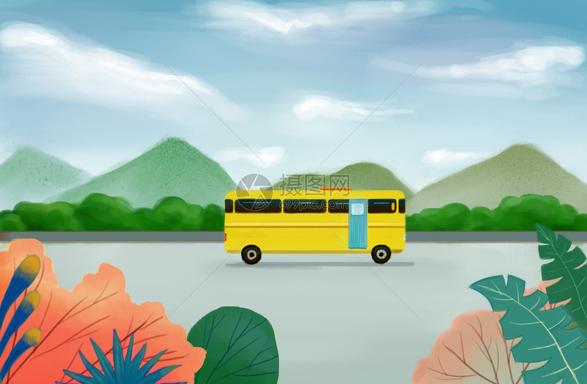 公路上的公交车插画