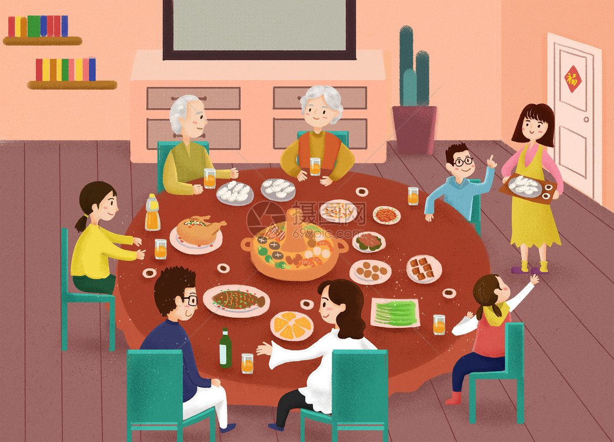 卡通人物围着餐桌吃饭过年团圆喜庆群体素材图片_动漫卡通_插画绘画-图行天下素材网