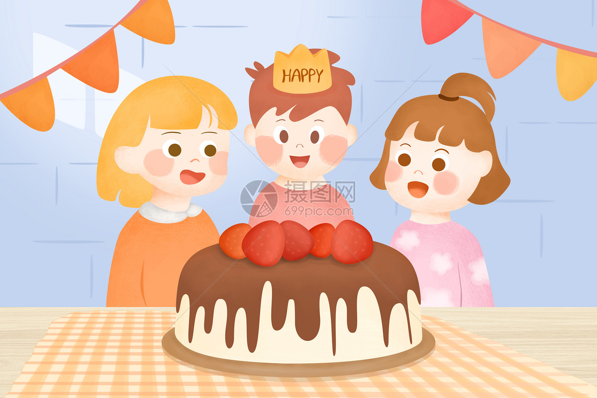 生日漫画风卡通小清新女孩蛋糕气球许愿插画图片-千库网