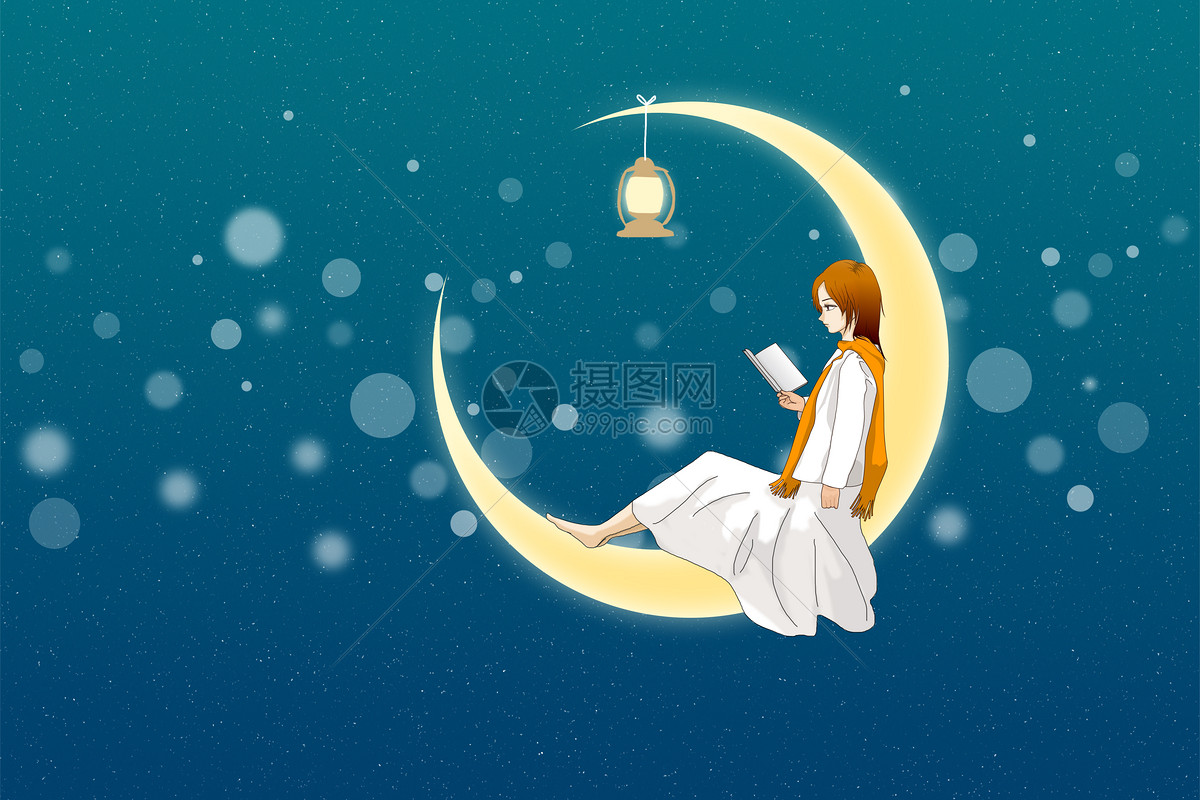 圣诞气氛坐在月亮上的女孩图片素材-编号13208046-图行天下