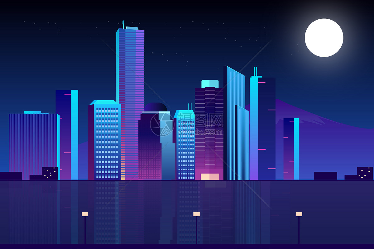 深蓝色现代城市建筑群城市剪影夜景素材免费下载 - 觅知网