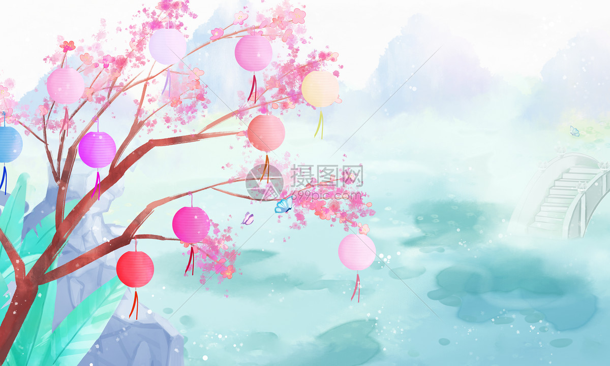 古风彩色灯笼风景插画图