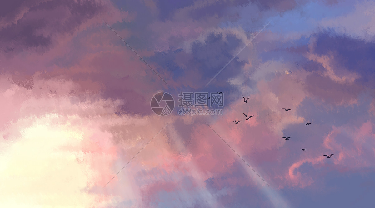 晚霞云彩中的鸟儿