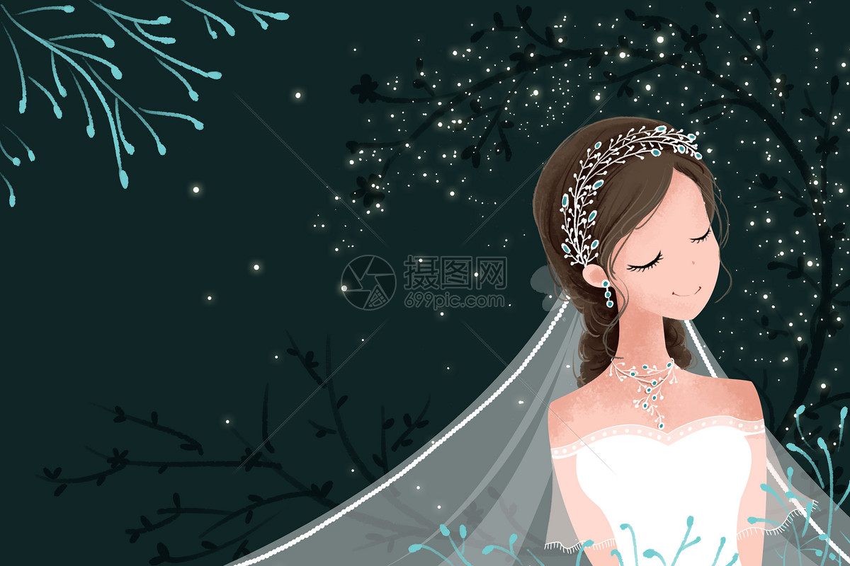 卡通人物幸福的新娘，头上戴着鲜花和面纱。婚礼概念-矢量插图插画图片素材_ID:402063441-Veer图库