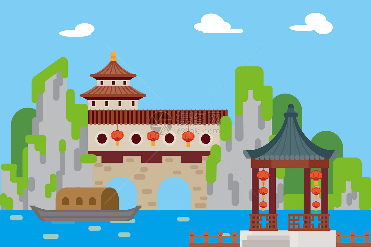 古风扁平建筑插画