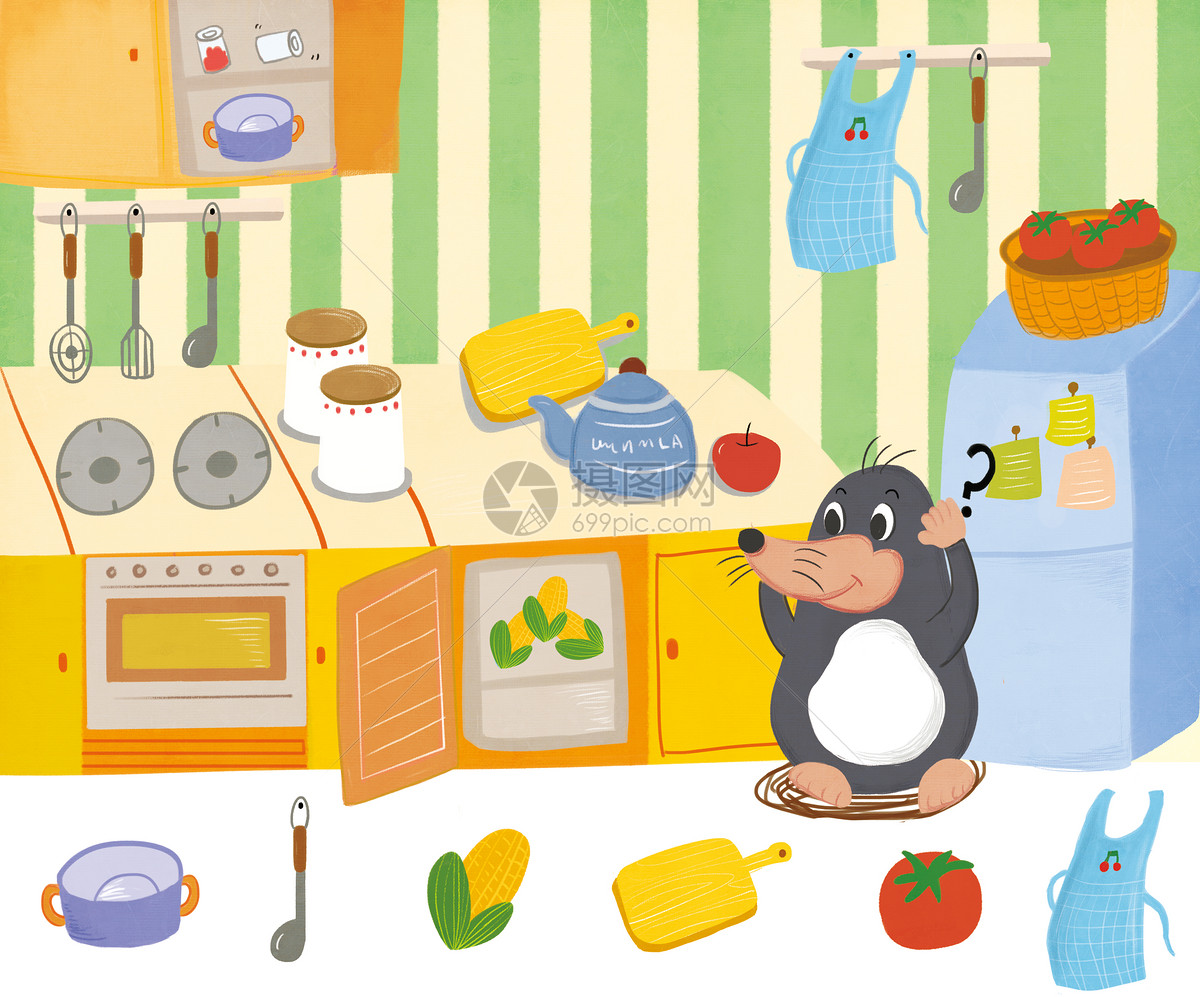 在厨房一起做饭的温馨一家人插画图片-千库网