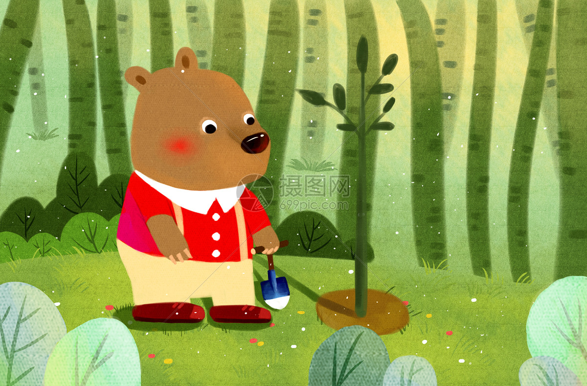 森林里植树的小熊