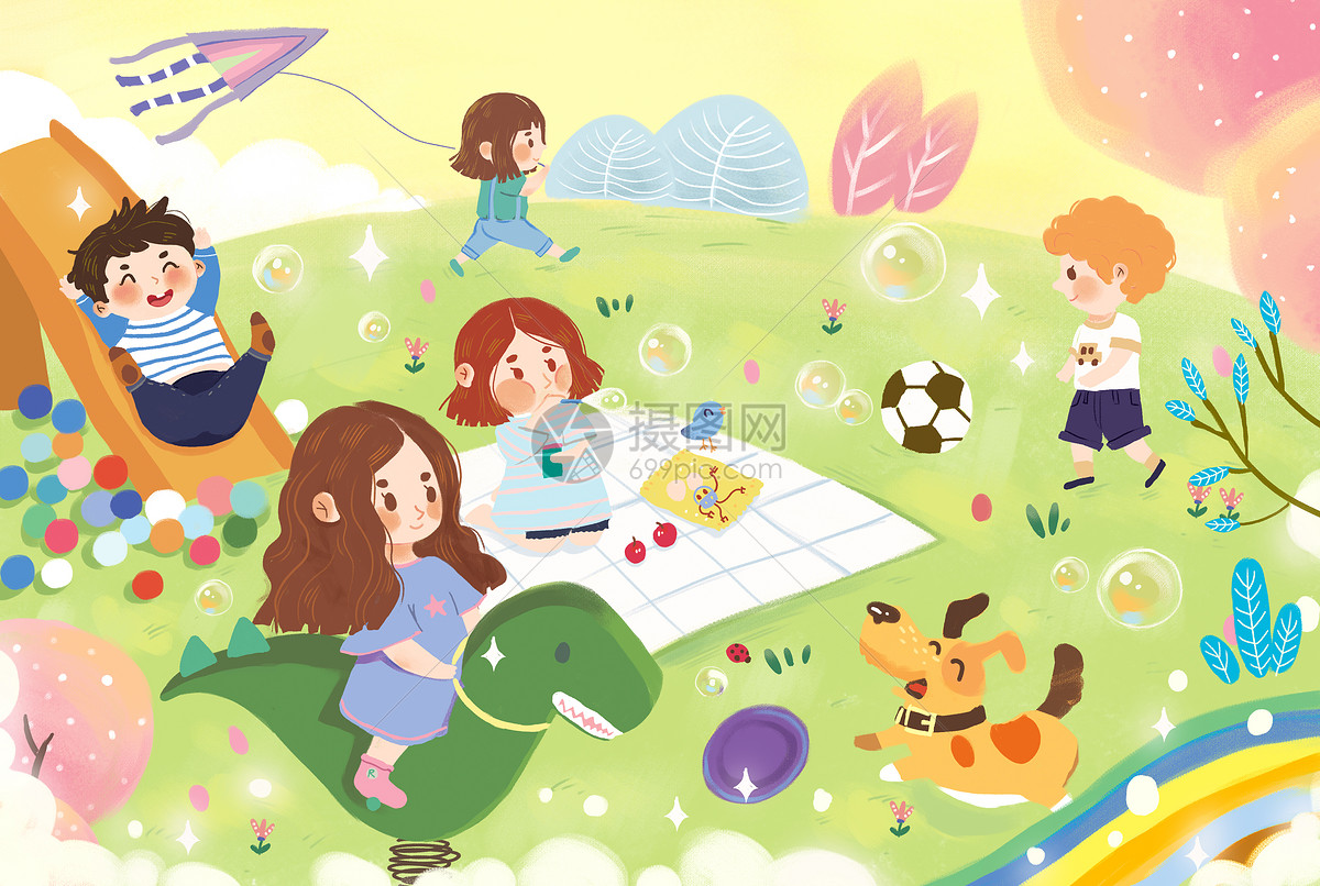 儿童节开心在公园玩耍的孩子们插画图片-千库网