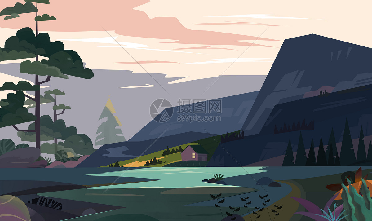山中溪流风景插画