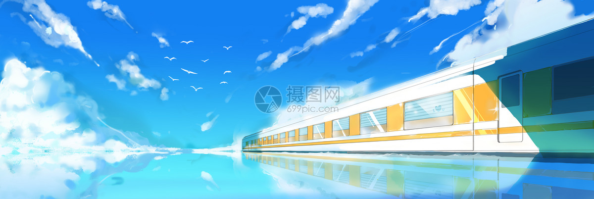 碧海蓝天下行驶的列车