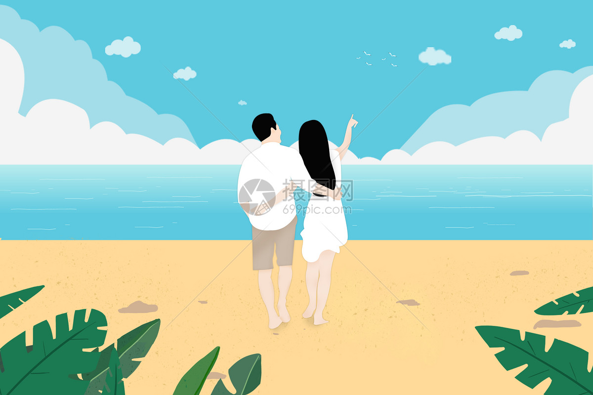 海边眺望天空的情侣背影