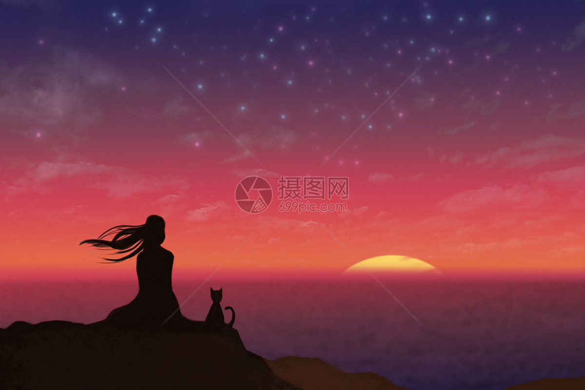 夜空下的女孩和海