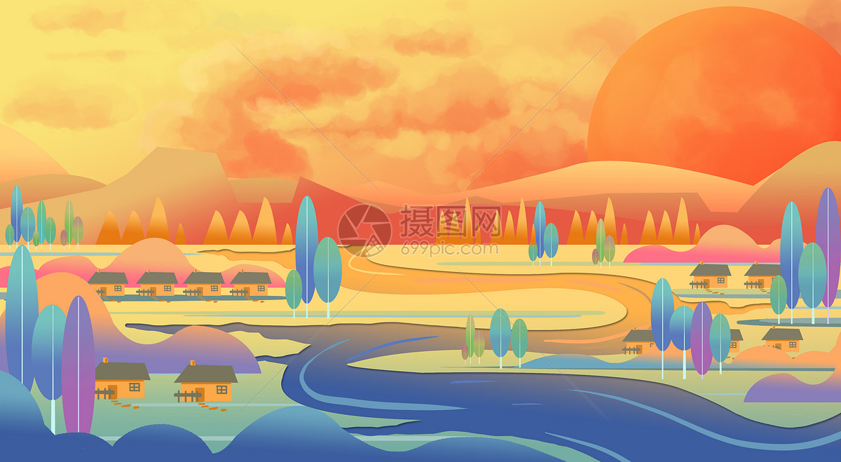 夏日晚霞场景插画图片素材_免费下载_psd图片格式_vrf