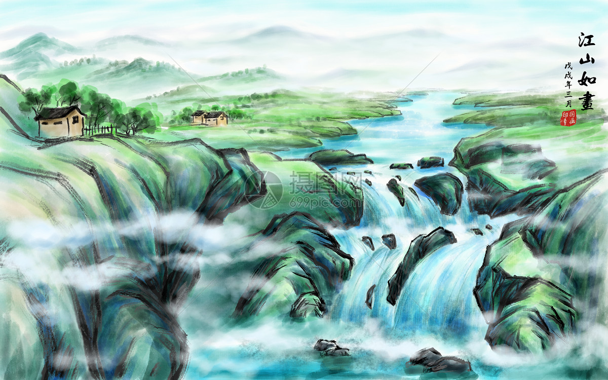 如画河流瀑布瀑布流水青绿山水国画风景如画水墨山水画背景图片水墨山