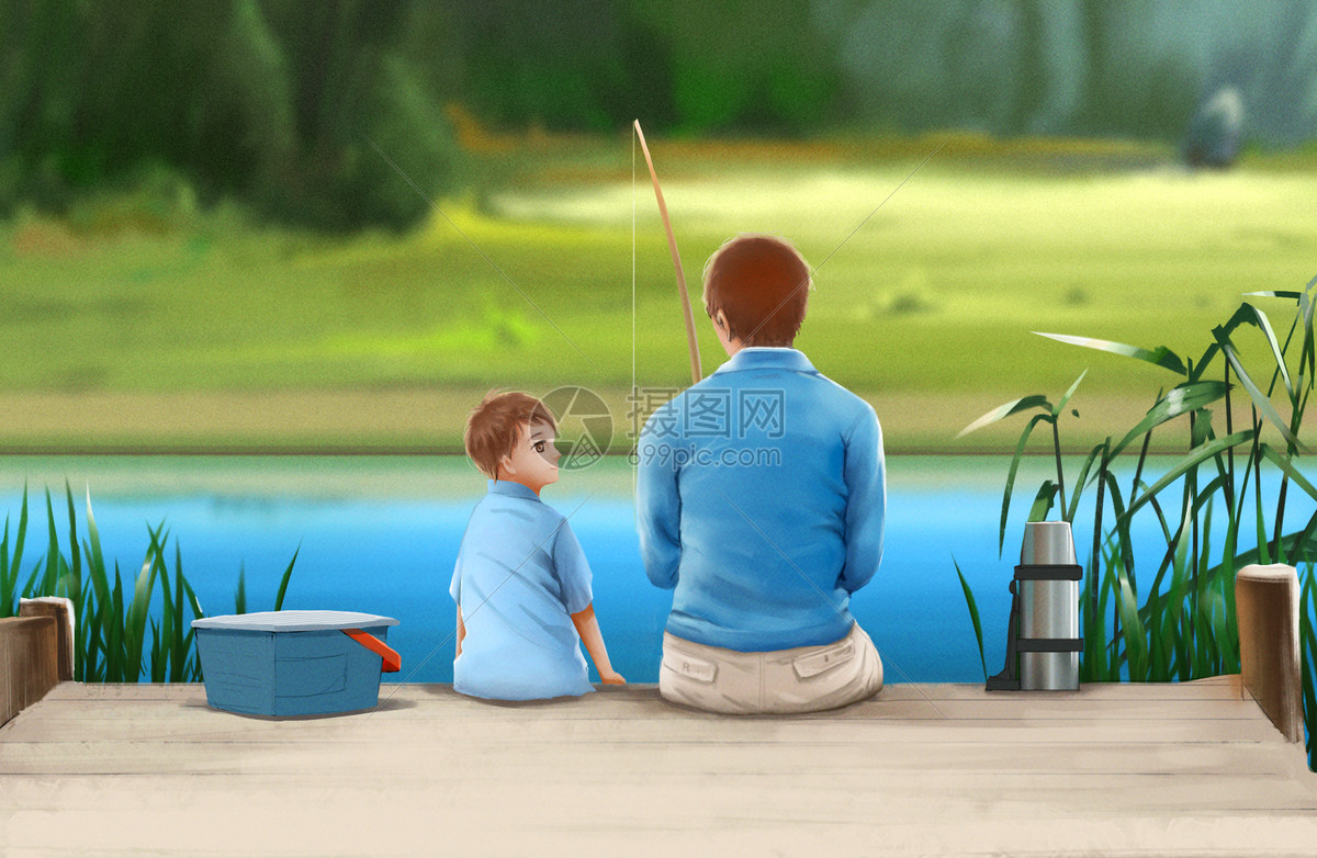 插画 情感表达 亲情沟通 父子钓鱼.