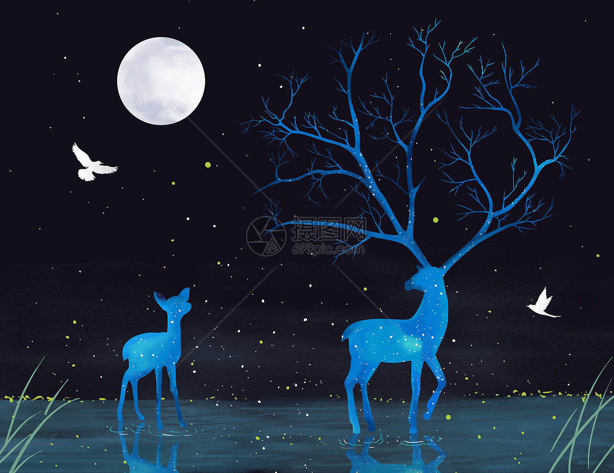 高清月光下发光的驯鹿动物图片素材