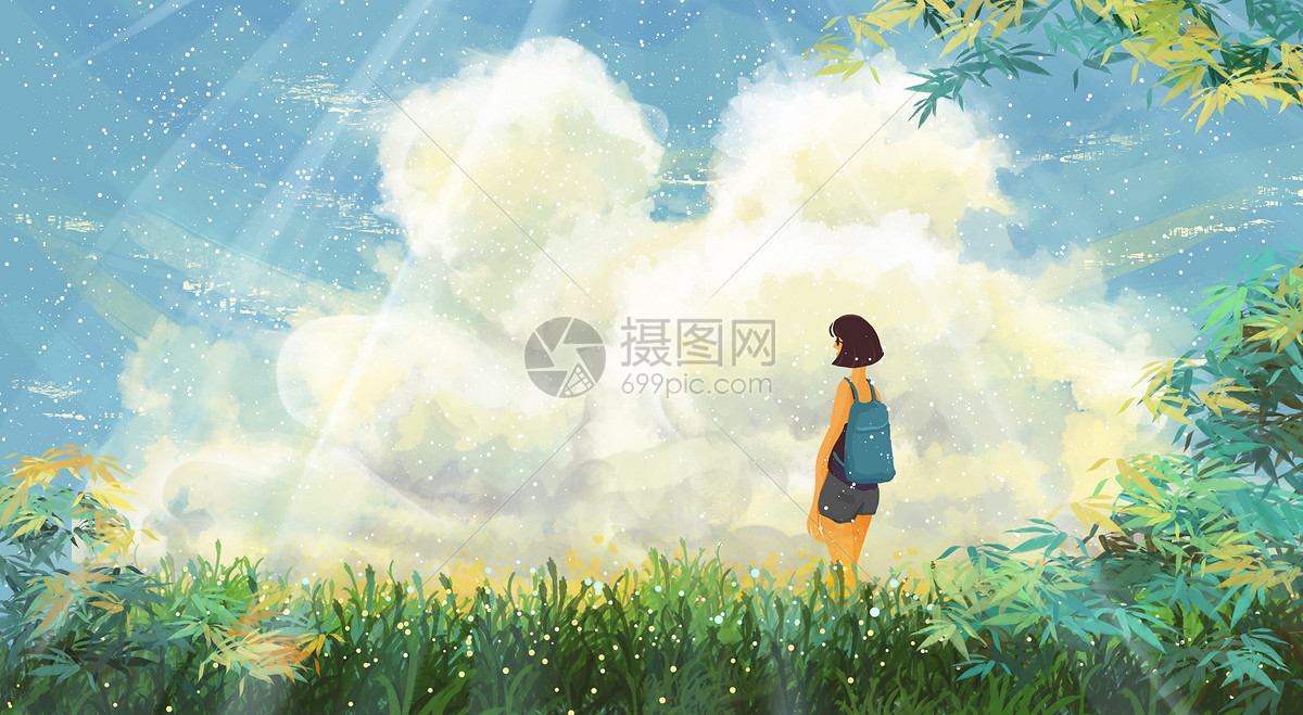 背包走在路上的女孩儿