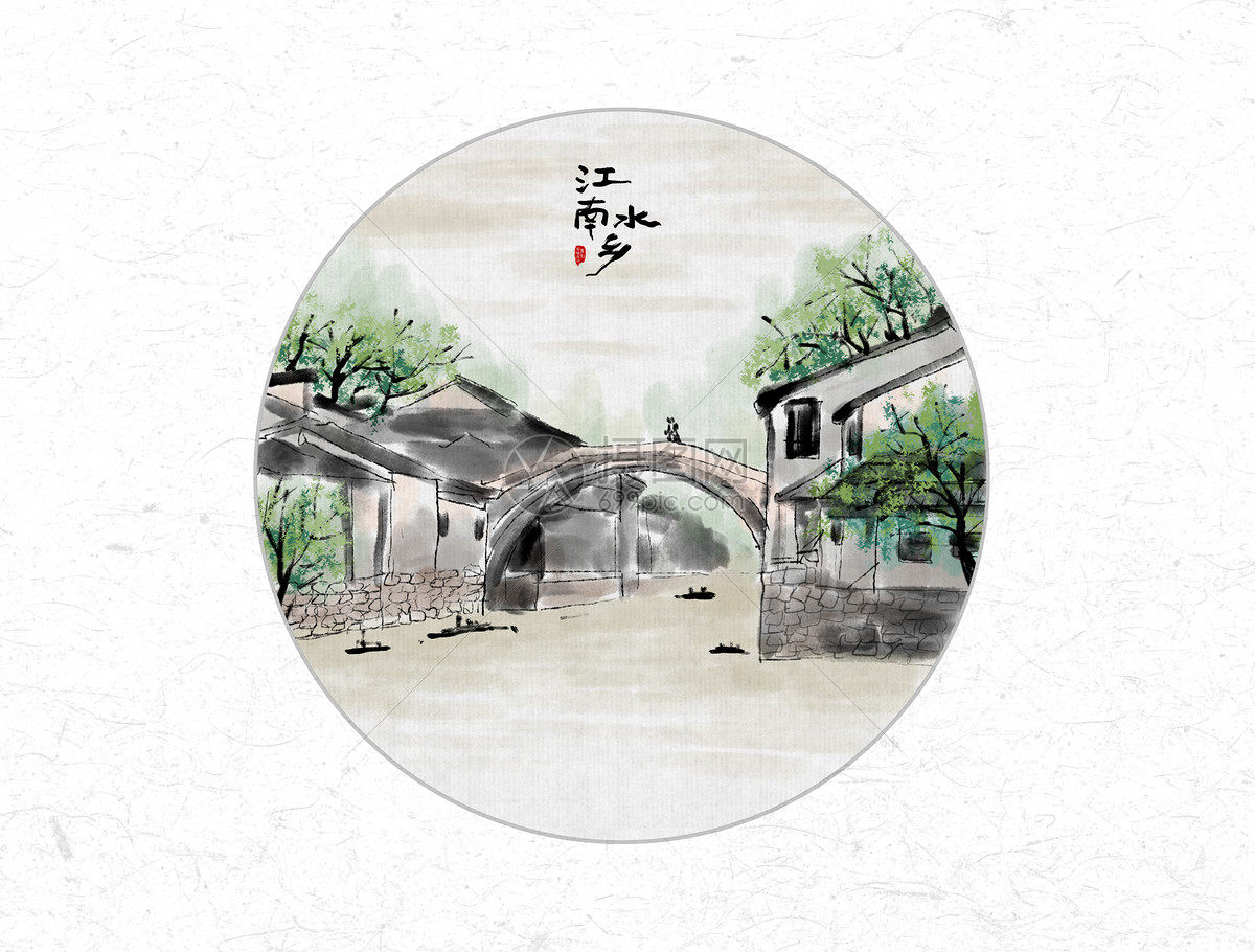 江南水乡风景中国风水墨画