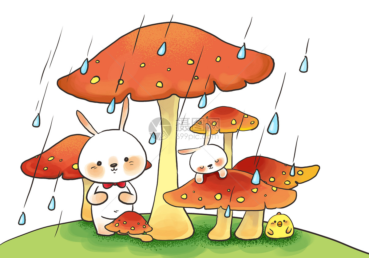 梅雨季蘑菇下的小兔子