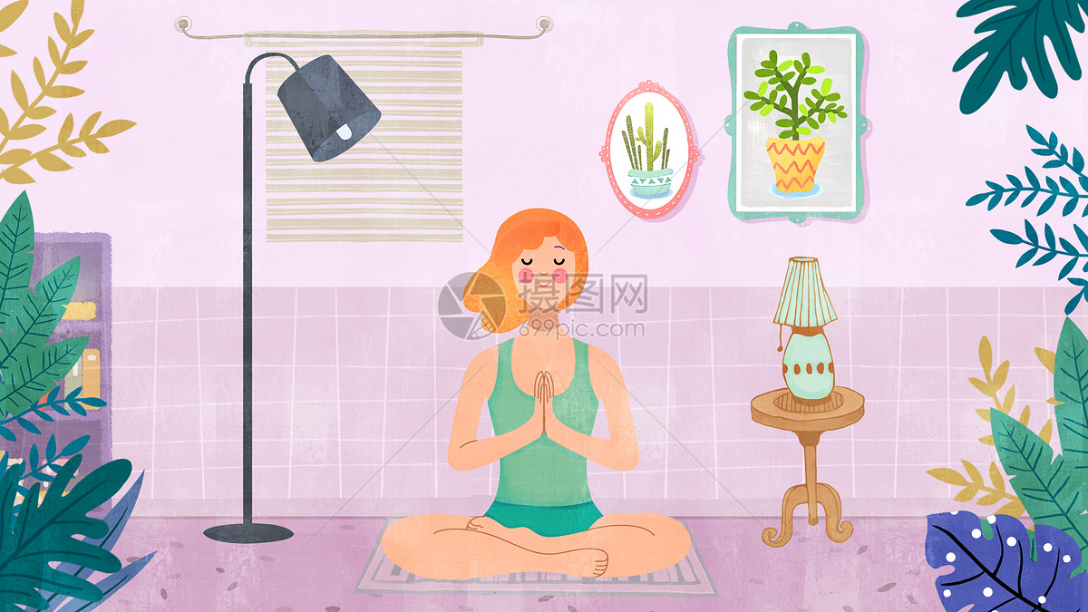 淡紫色简约风时尚健身瑜伽打坐美女插画