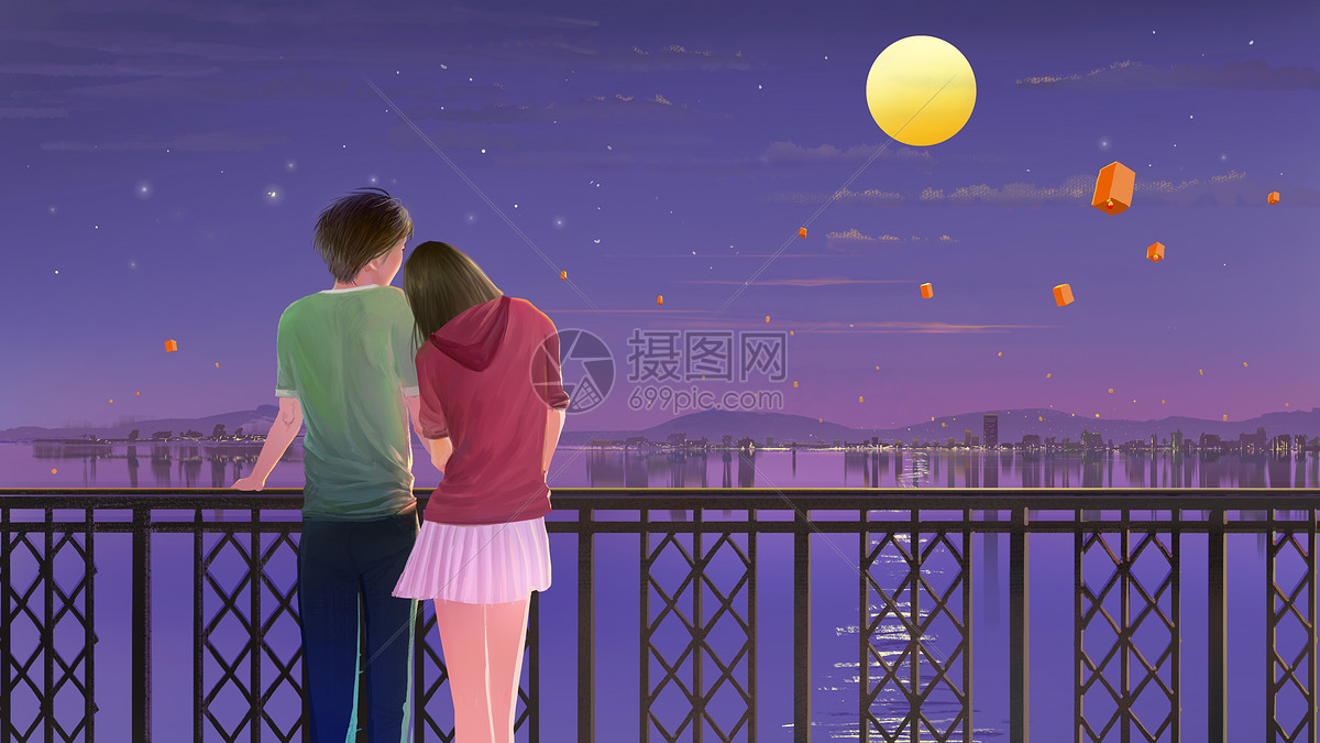 情侣在桥上看月亮
