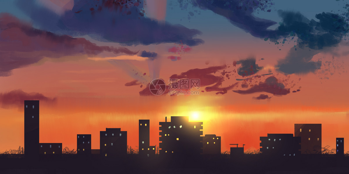 夕阳城市插画