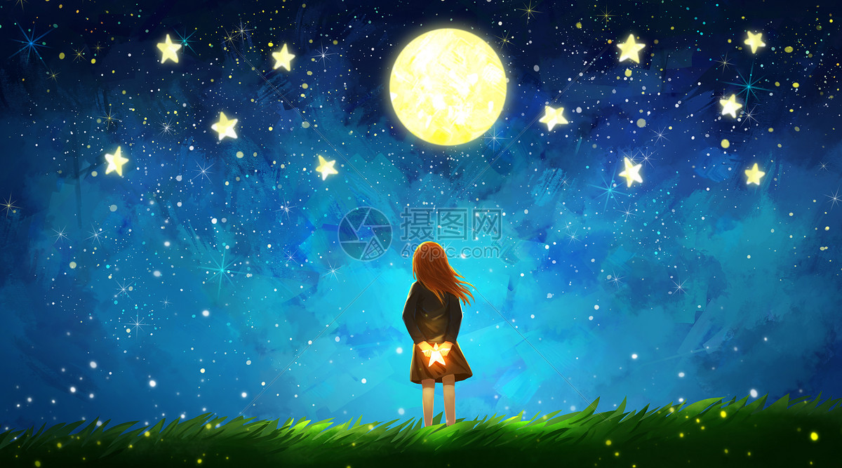 插画 情感表达 小女孩 仰望星空的女孩.