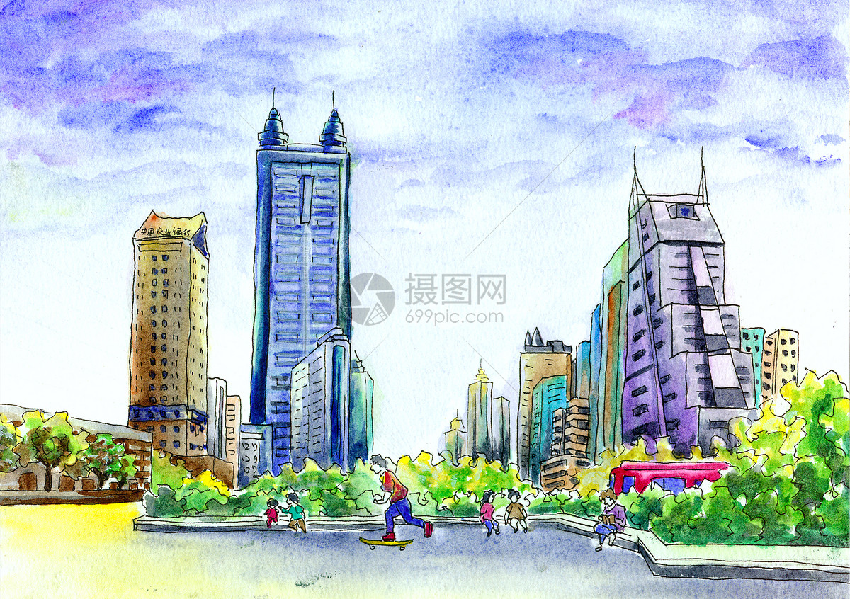 手绘城市建筑风景素描插画图片素材免费下载 - 觅知网