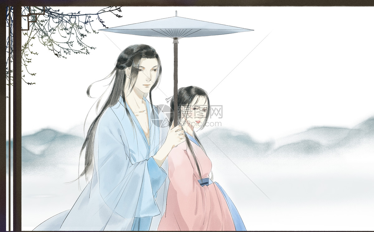 古风情侣留白意境图片