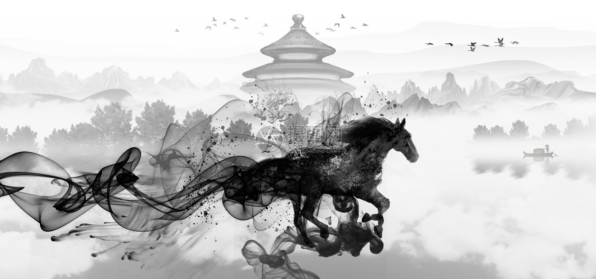 手绘水墨奔腾跑马手绘中国风骏马