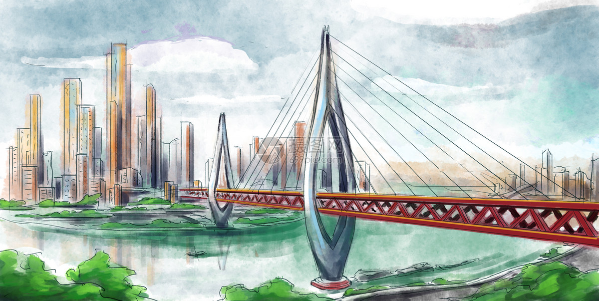 重庆嘉陵江大桥水彩手绘