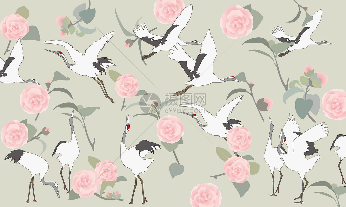 仙鹤丹顶鹤茶花花卉矢量图