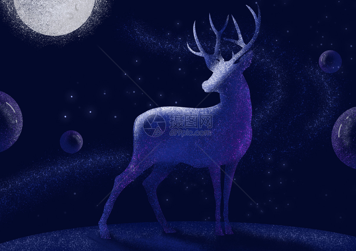 点构成梦幻星空中的鹿治愈插画背景壁纸
