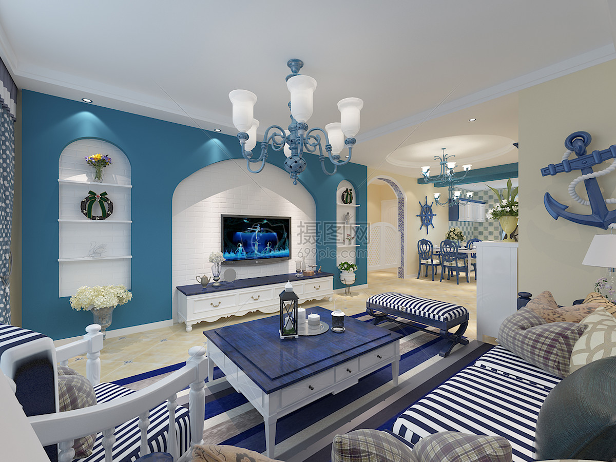蓝色地中海风格装修效果图 如度假屋一样的舒适浪漫！_【千思装饰】