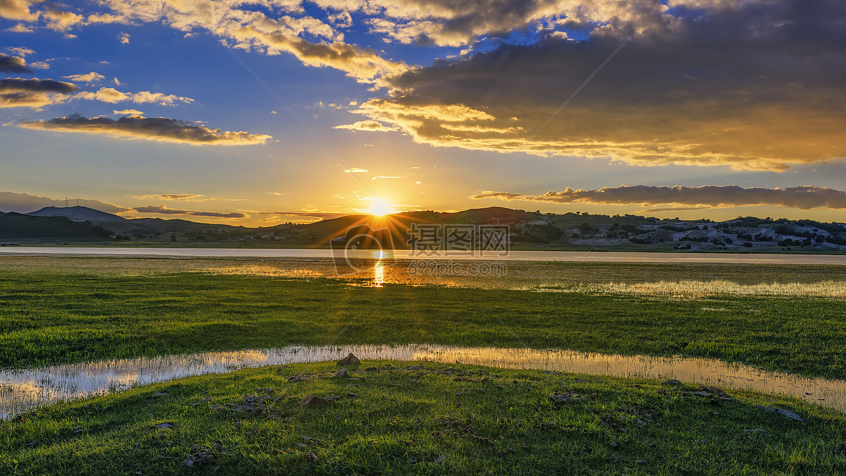 照片 自然风景 内蒙古一望无际的草原日落.