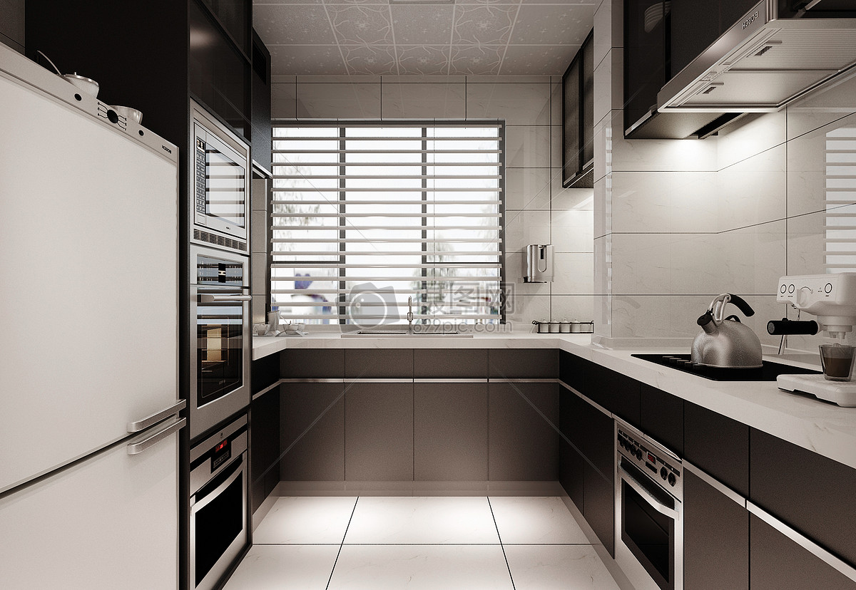现代黑白灰厨房效果图图片素材-正版创意图片501022581-摄图网