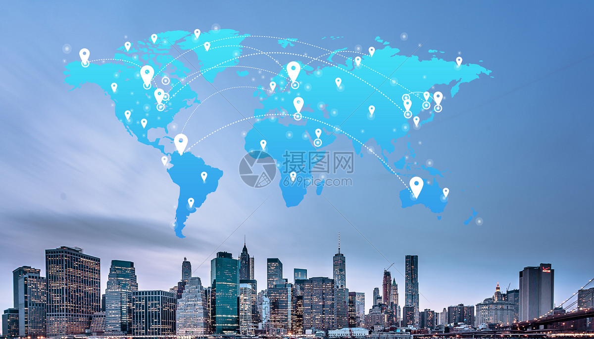 社交媒体传播互联网网络连接城市摩天楼世界地图背景