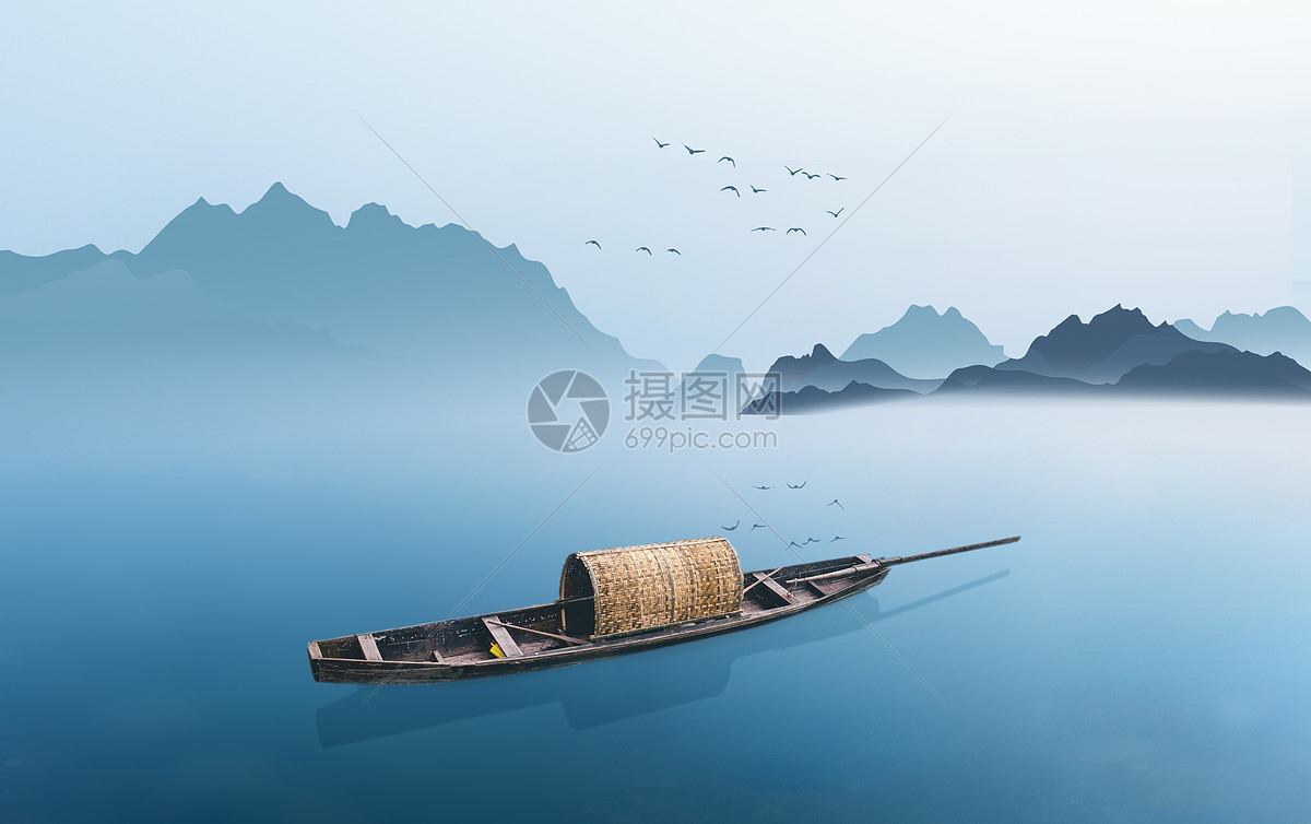 创意背景 自然风景 山水船背景素材.