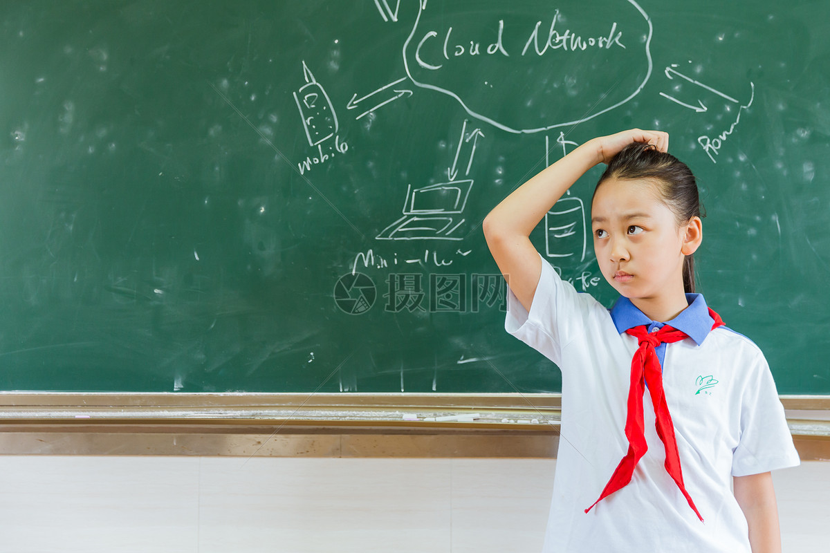 小学教室黑板前女生在思考