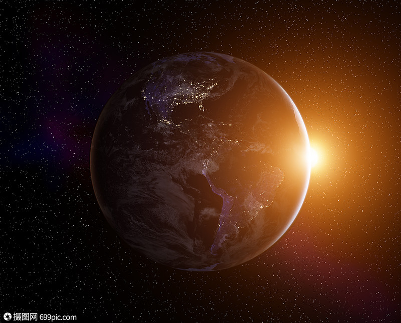 地球与上升的太阳,太空观看日出带家具的