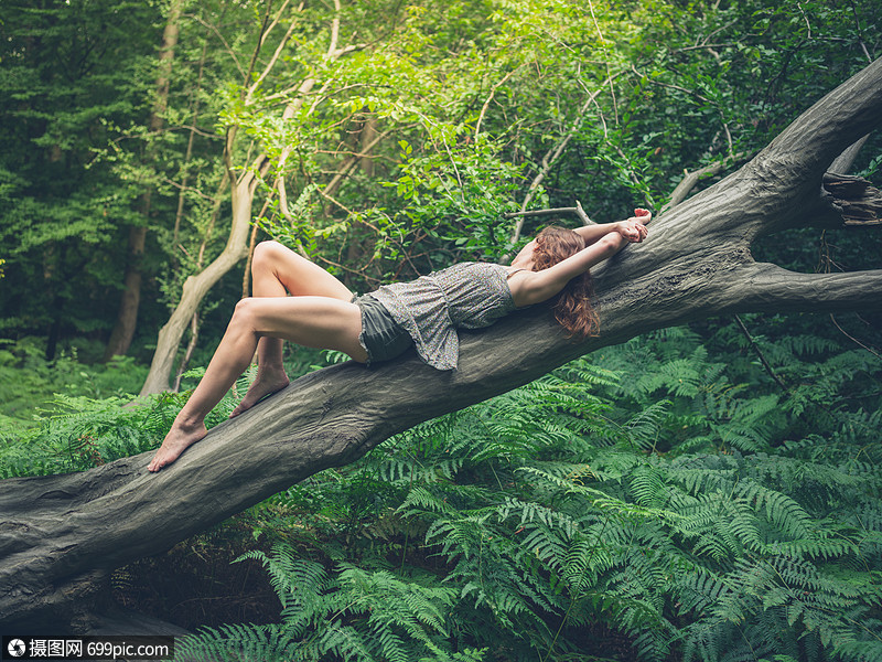 个感的轻女人光着脚躺森林里棵倒下的树上,周围绿色的蕨类植物女的