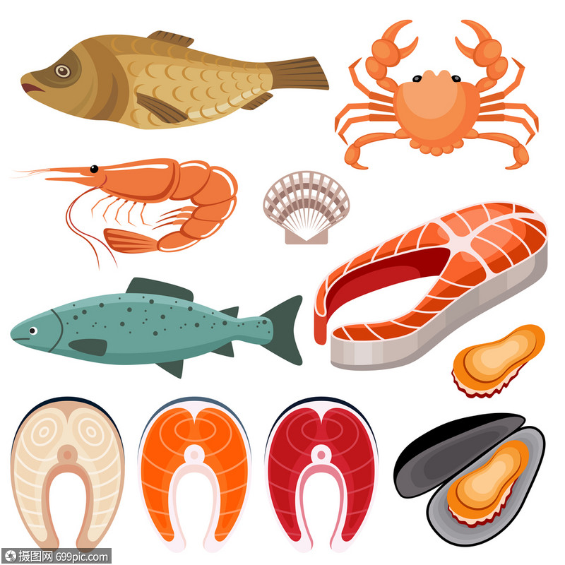 海鲜白色背景上鱼虾贻贝螃蟹的插图矢量平插图