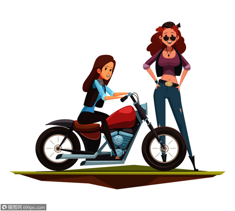 复古卡通骑手成的两个涂鸦风格漂亮的女人物跑车摩托车平图像矢量插图