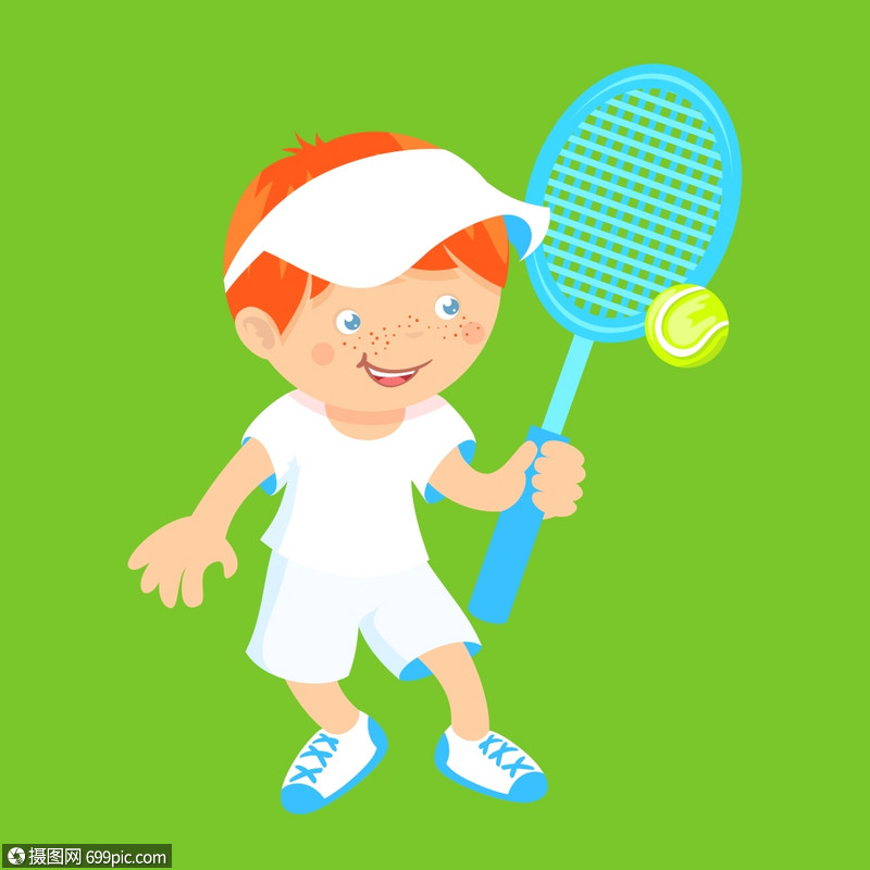 男孩与运动羽毛球网拍毽子隔离绿色背景矢量插图孩子们户外的