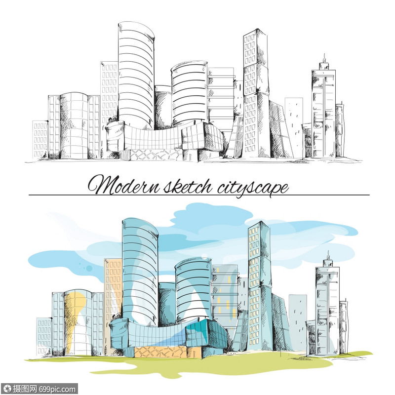 现代城市素描建筑手绘城市景观集矢量插图