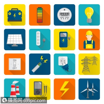 电能累加器图标的平风格的正方形与长阴影矢量插图电线灯